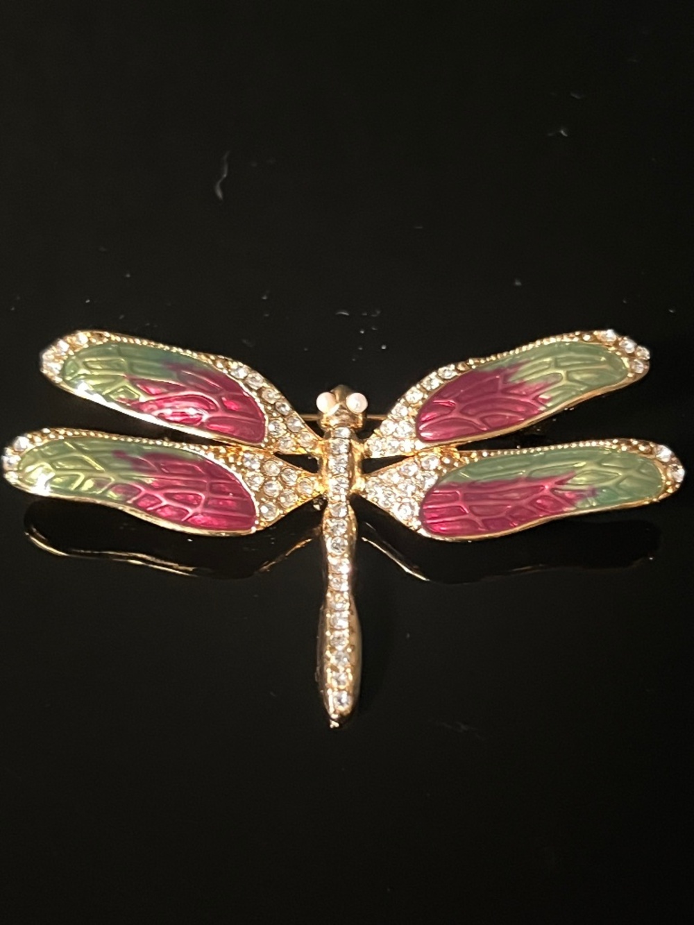 Vintage Monet Dragonfly Brooch Gold Tone Rhinestone Enamel Pin